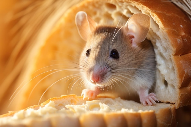 A mouse eating piece of bread