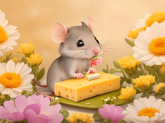 A mouse eating a piece of cheese with flowers and a mouse