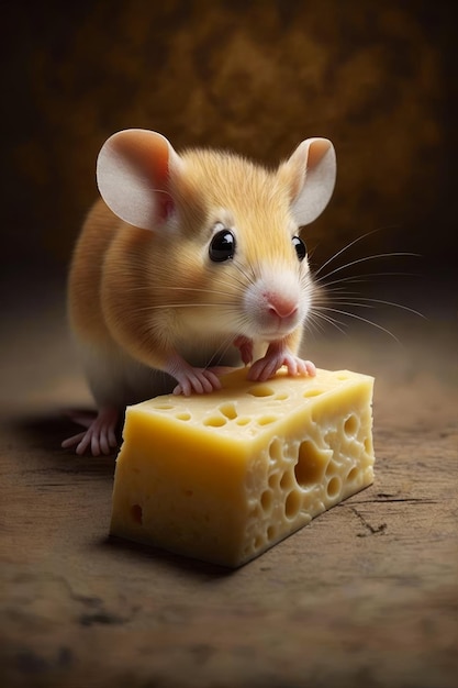 Mouse eating piece of cheese on wooden table Generative AI