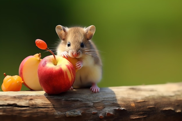 A mouse eats an apple on a branch