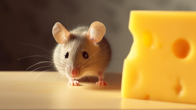 A mouse in front of a piece of cheese