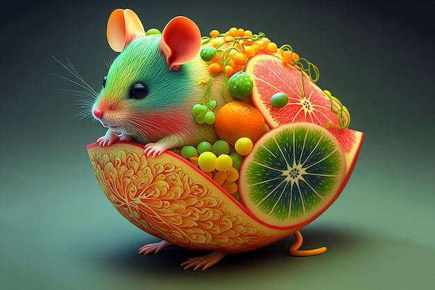 A mouse in a fruit bowl