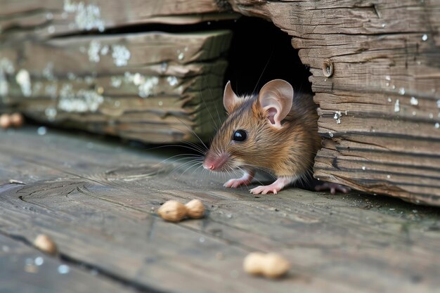 mouse glancing from hole in wooden garden shed