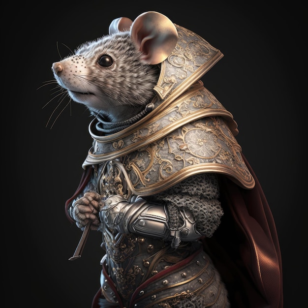 A mouse in a golden armor with a sword on his chest.