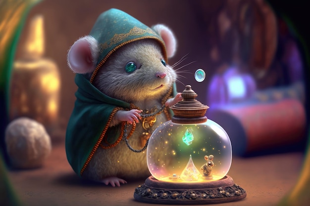 A mouse in a green robe with a glass jar and a blue eyes.