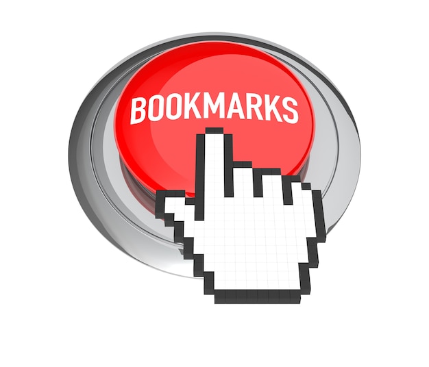 Photo mouse hand cursor on bookmark button. 3d illustration.