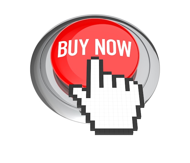 Курсор в виде руки мыши на красной кнопке "Купить сейчас". 3D иллюстрации.