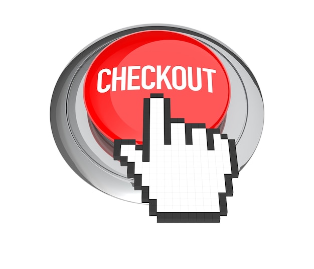 Photo mouse hand cursor on red checkout button. 3d illustration.