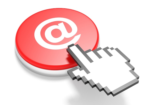 Mouse Hand Cursor on Red E-Mail Button. 3D Illustration.