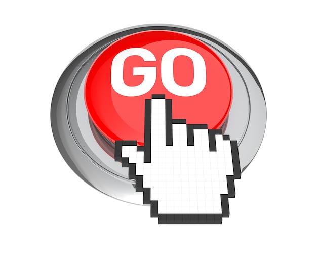 Курсор в виде руки мыши на красной кнопке GO. 3D иллюстрации.