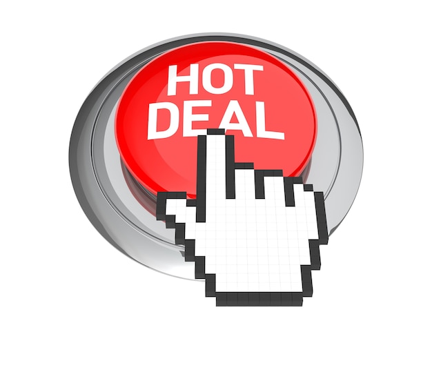 Mouse Hand Cursor on Red Hot Deal Button. 3D Illustration.