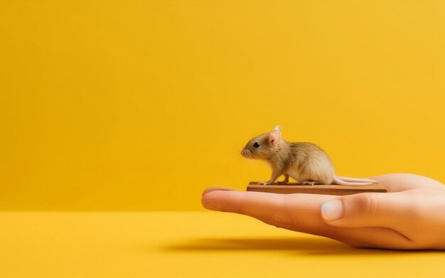 Mouse on hand and wooden slab yellow background