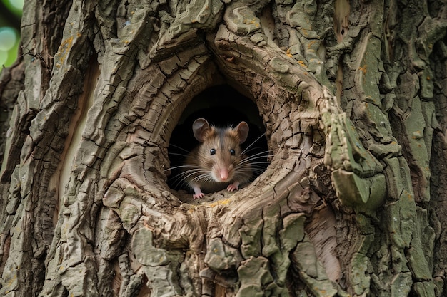 Photo mouse hiding in hole of an old tree in a park