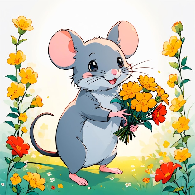 A mouse holding flowers