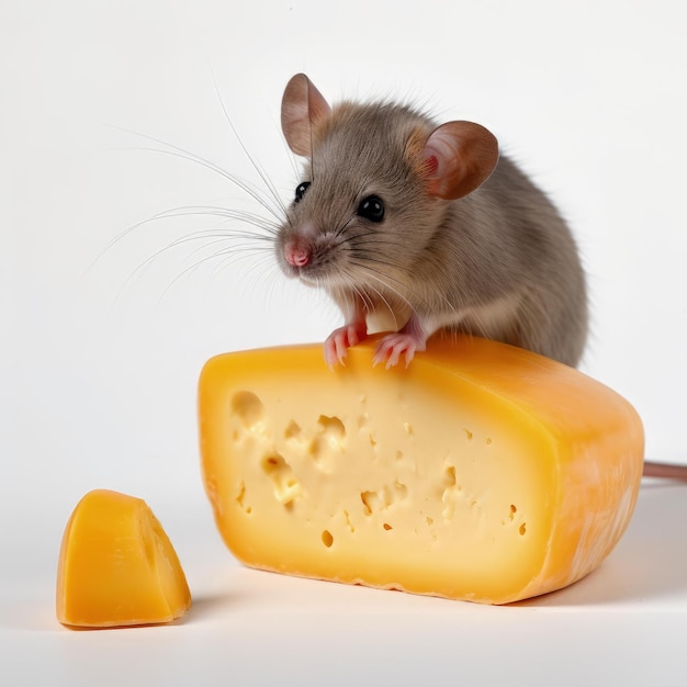 A mouse is on a piece of cheese with a piece of cheese on it