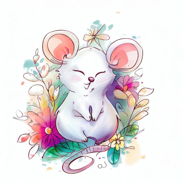 A mouse is sitting in a flowery pattern.