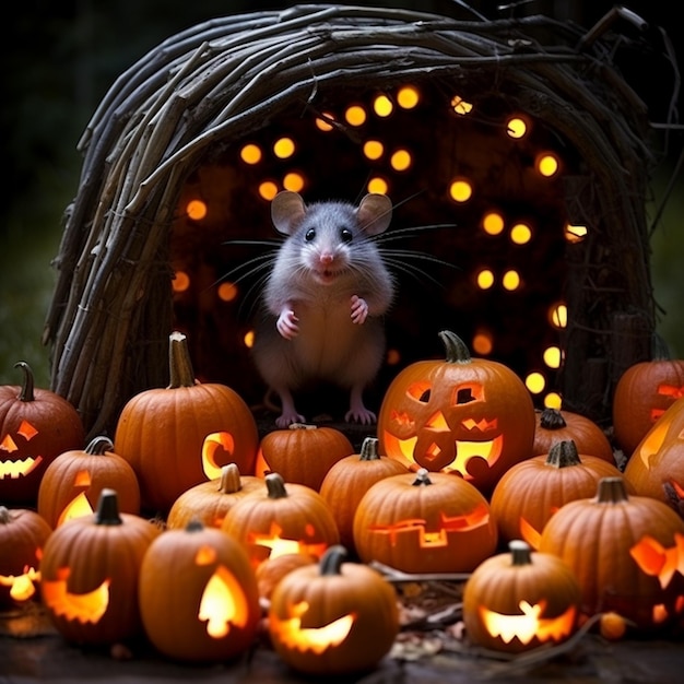 A mouse is sitting in front of a pumpkin that has a face on it.