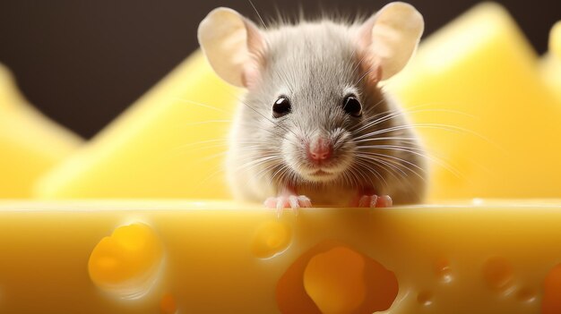 A mouse is sitting on top of a piece of cheese ai