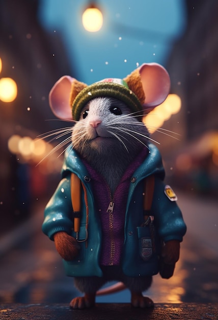 A mouse in a jacket and hat stands on a street.