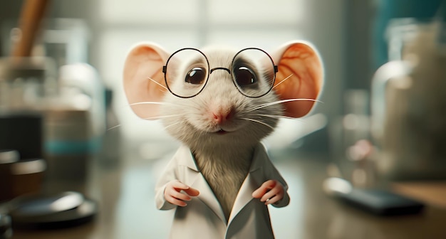 a mouse in a lab coat and glasses standing