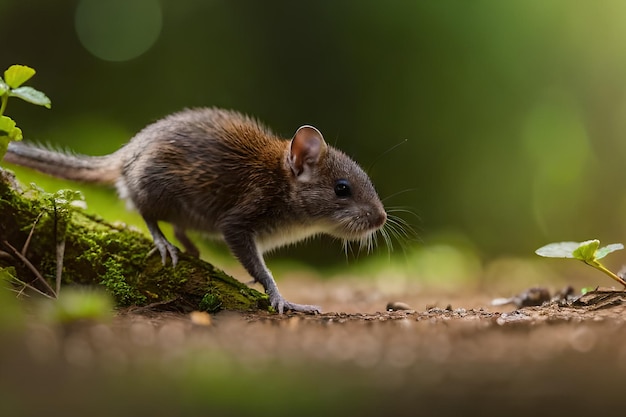 A mouse on a log in the forest