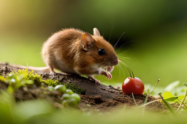 A mouse on a log with a cherry tomato in the background