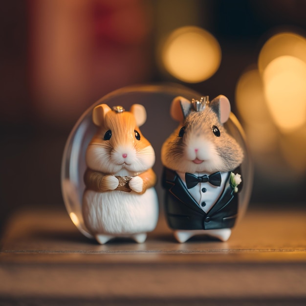 A mouse and a mouse figurine are sitting in a glass bowl.