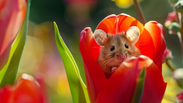 Mouse peeking out of a red tulip