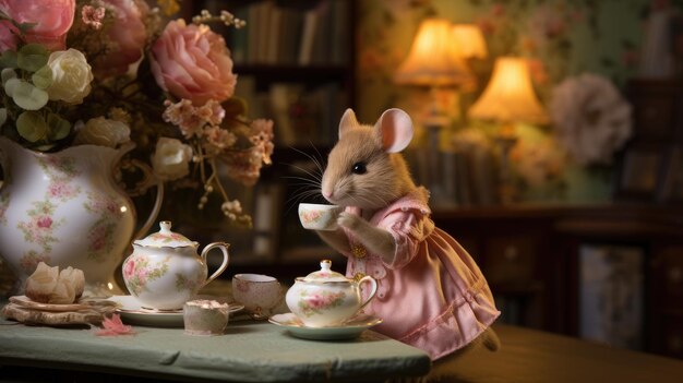 A mouse perched on a whimsically oversized teacup in a charming tea party setting