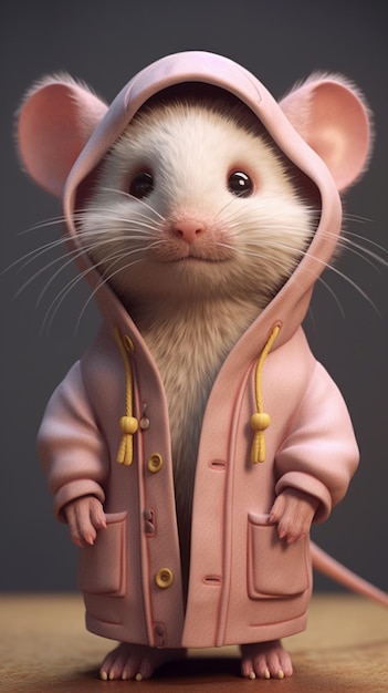 A mouse in a pink hoodie