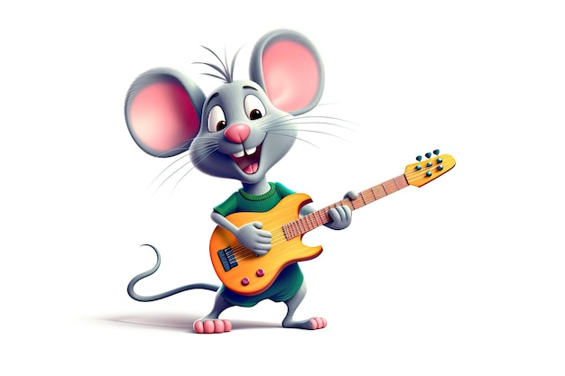 마우스 전기 기타를 연주하고 흰색 배경에 고립 된 그림에 복사 공간 미소