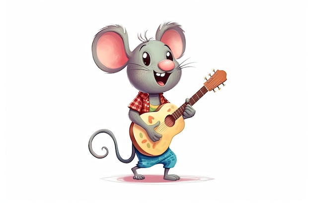 Mouse playing guitar and smiling with copy space on a white background isolated illustration generat