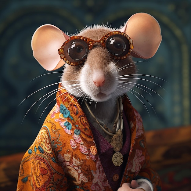 mouse rodent in boho bohemian medieval hippie outfit with beads surreal