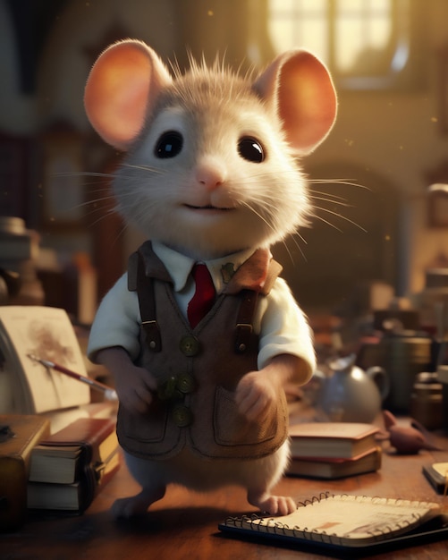 A mouse in a room with a book on the table