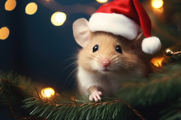 A mouse in a Santa Claus hat is sitting in the snow