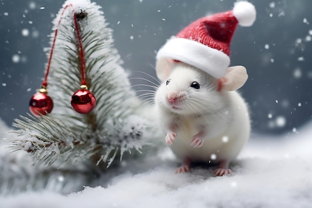 A mouse in a Santa Claus hat near the Christmas tree