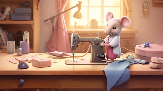 写真 ネズミの縫製師が縫製室で工芸をしている