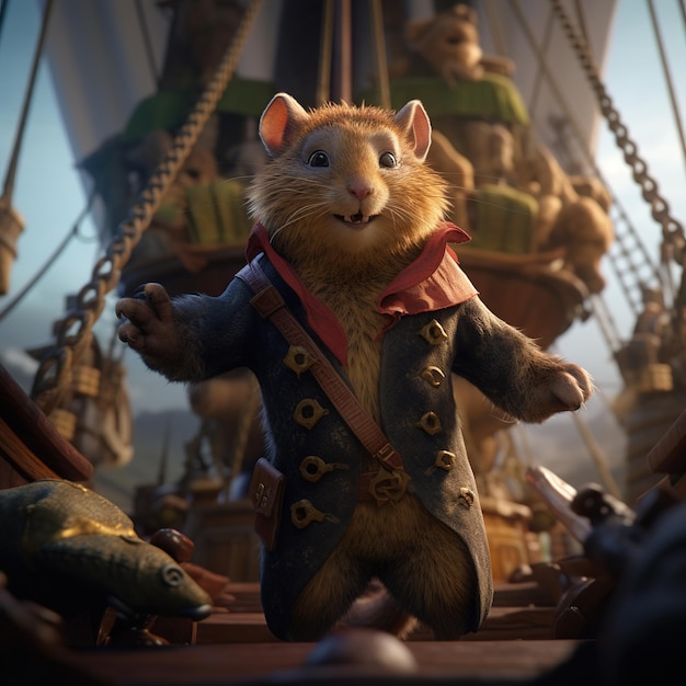 A mouse on a ship in a pirate suit