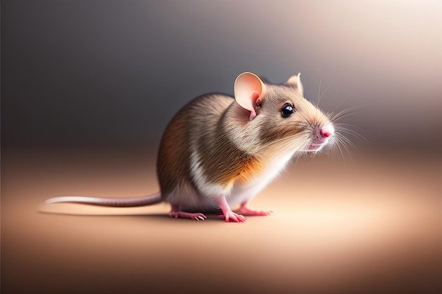 A mouse sits on a brown surface with a dark background