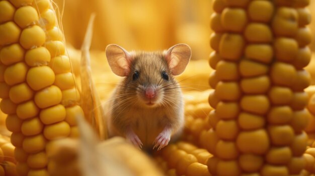 A mouse sits in a corn cob