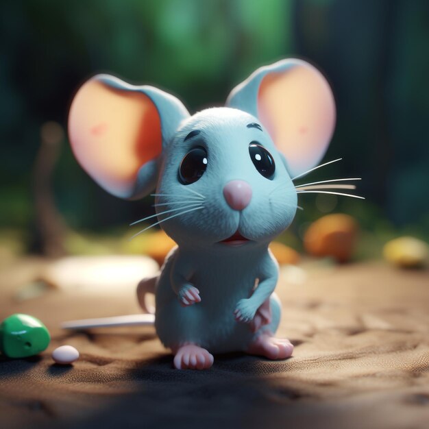 A mouse sits on the ground with a green candy in the background.