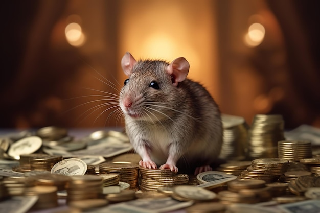 A mouse sits on a pile of money with stacks of gold coins