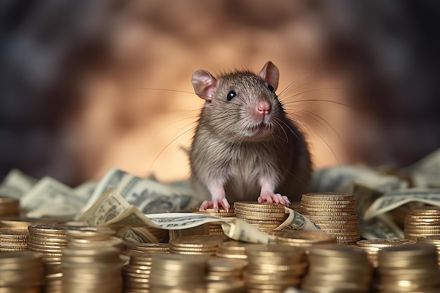 A mouse sits on a pile of money with stacks of gold coins