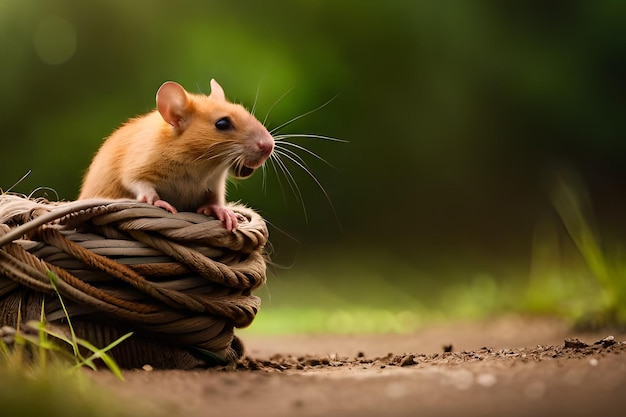 A mouse sits on a rope and looks at the camera.