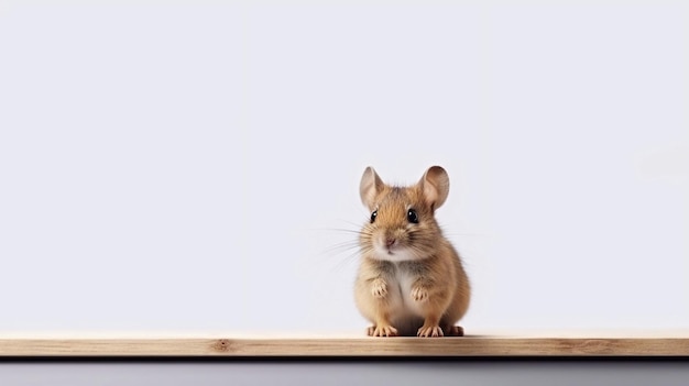 A mouse sits on a shelf with a white background.