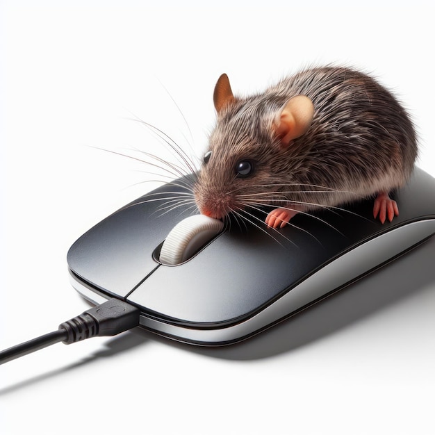 Foto mouse seduto su un mouse per computer su uno sfondo bianco