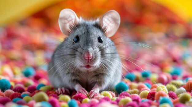 Фото Мышь, сидящая на куче конфетов