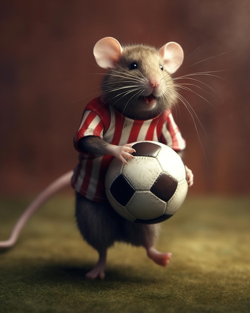 A mouse in a striped shirt holds a soccer ball