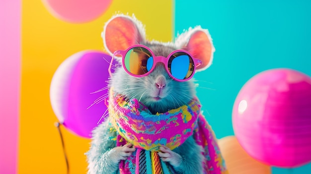 Фото Мышиные солнцезащитные очки и шарф в студии с красочным и ярким генеративным ай