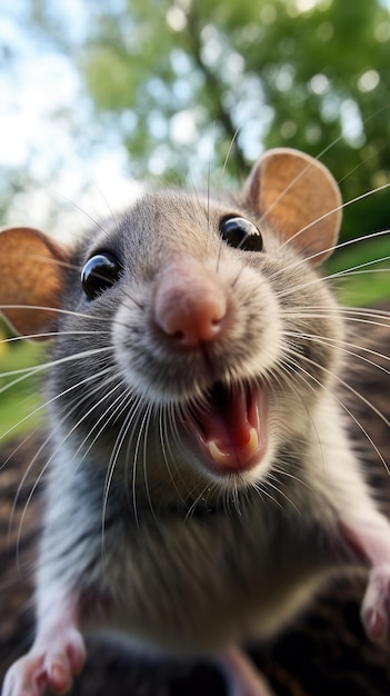 Mouse touches camera taking selfie Funny selfie portrait of animal